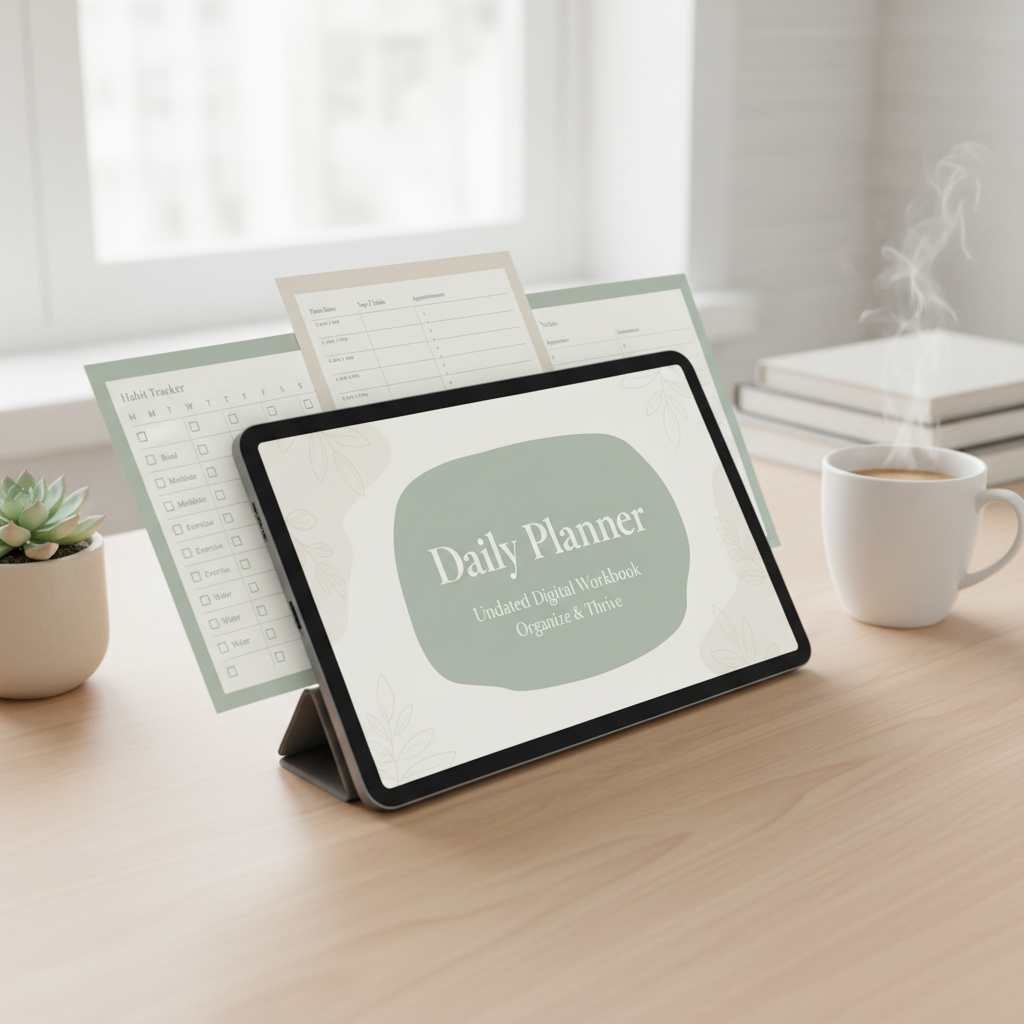 This simple and effective digital workbook helps you plan your day, track your habits, and stay focused on what matters most. Perfect for daily use at home, work, or school.

WHAT YOU’LL GET:
✔ 3-page Digital PDF
✔ Cover Page
✔ Daily Planner Page (time, tasks, priorities, progress)
✔ Habit Tracker Page (weekly tracking)

FEATURES:
✔ Clean and minimalist design
✔ Easy to use and fill in
✔ Printable or digital use
✔ Works on tablet, computer, or printed
✔ Instant download after purchase

HOW IT WORKS:
1. Purc